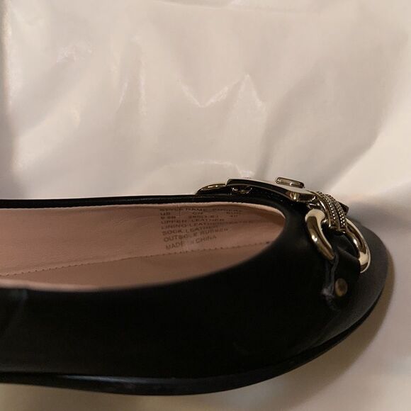 Kate Spade 9.5 Phoebe Black Gold Tone Link Hardware Black Leather Flats - Picture 10 of 14